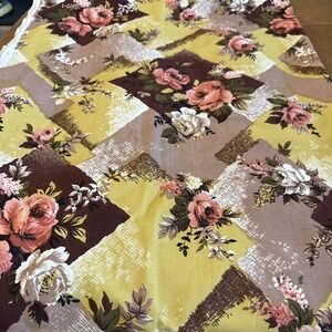 VTG Fabric 2‎ 1/2 Yards Floral & Checks Browns Yellow Rose Cotton Decor Canvas
